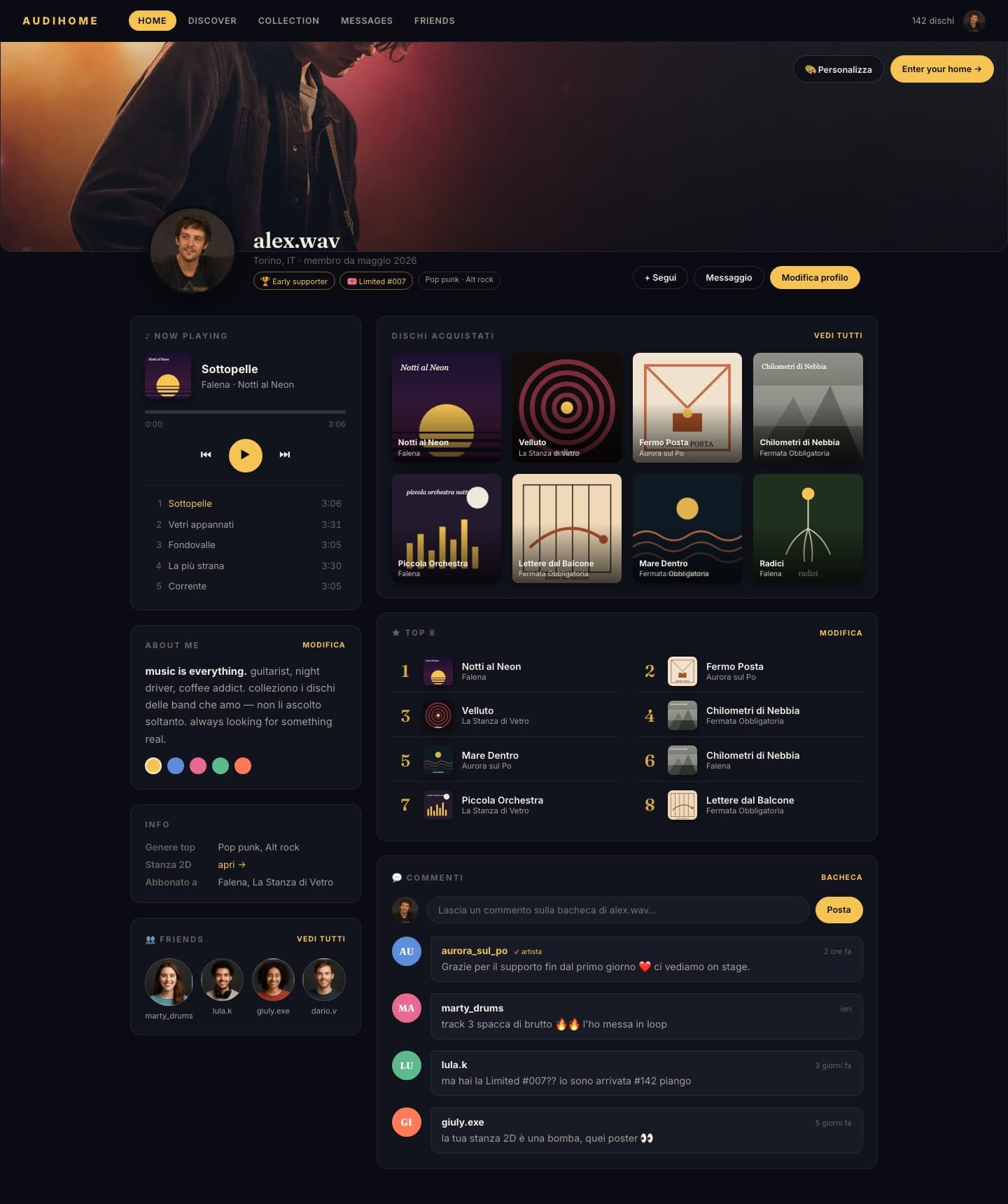 Anteprima della pagina fan di alex.wav su Audihome: player con tracklist, dischi acquistati, Top 8, amici e bacheca commenti